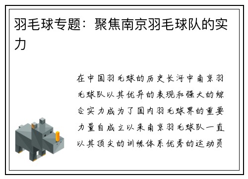 羽毛球专题：聚焦南京羽毛球队的实力