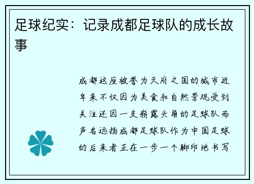 足球纪实：记录成都足球队的成长故事