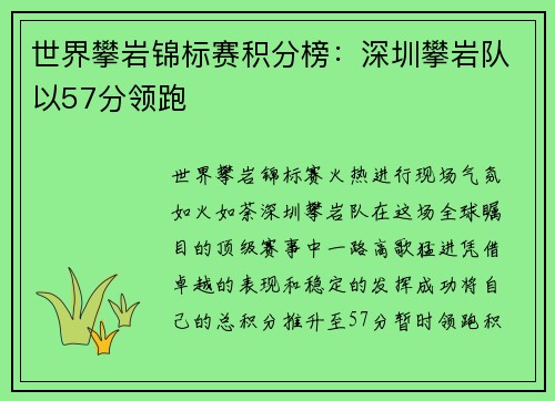 世界攀岩锦标赛积分榜：深圳攀岩队以57分领跑