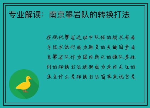 专业解读：南京攀岩队的转换打法
