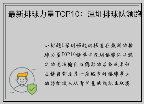 最新排球力量TOP10：深圳排球队领跑
