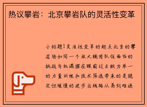 热议攀岩：北京攀岩队的灵活性变革